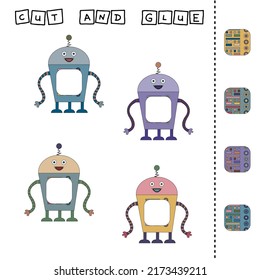 Cut out and glue the part of the robot to its pair.Preschool worksheet, kids activity worksheet, printable worksheet
