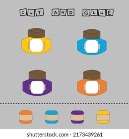Cut out and glue the part of the a tin of paint to its pair. Preschool worksheet, kids activity worksheet, printable worksheet
