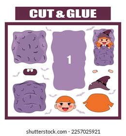 Cut out and glue the parts of the image. Witch in a bed. Kids craft page. Papercraft unicorn. DIY activity worksheet for children. Printable education game. Paper puzzle with a witch. Halloween theme