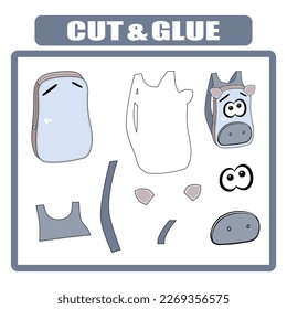 Cut out and glue the parts of the image. Kiddish backpack. Kids craft page. Make papercraft unicorn. DIY activity worksheet for children. Printable education game. Paper puzzle with a unicorn