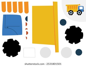 Cut out and glue together a big yellow truck. Educational paper game. Flat vector illustration eps10