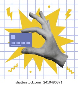 Cut out hand holding credit card. Financial operations, transactions and payment concept. Vector illustration