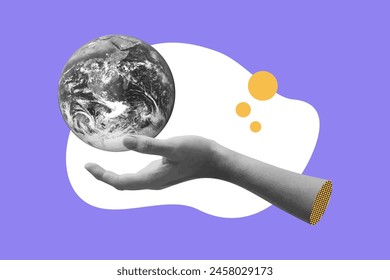 Cut out hand holding a floating earth. Surrealism contemporary collage art concept of power and control. Mankind rules over the world. Editable vector art