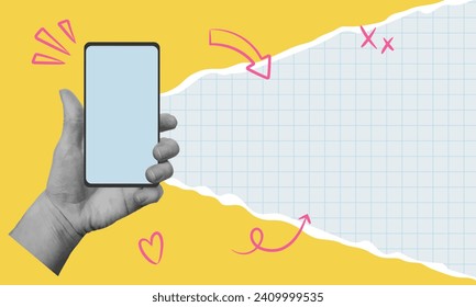 Cut out hand holding smartphone and torn paper. Template for advertising, promotion or announcing events. Vector illustration