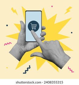 Cut out hands holding smartphone. Online shopping concept. Vector illustration