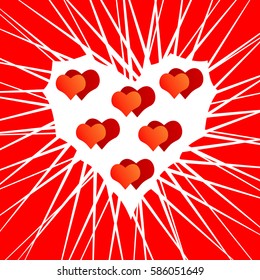 cut out heart shape on a red background, several small hearts