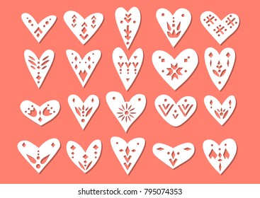 Cut out hearts with scandinavian ornaments for a laser cutting template of paper and vinyl. For wedding and Valentine's day design.
