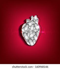 Cut out human heart, pills inside the heart. Medical health care concept illustration. Beautiful bright design.