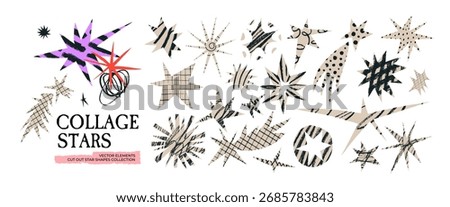 Cut out irregular star shapes for collages and zine design. Funky figures with scribbles, crayon doodles and texture patterns. Vector sparks forms. Irregular abstract shaped stars.