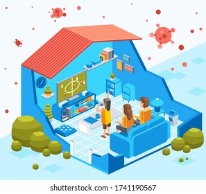 cut out isometric illustration of stay at home family to avoid virus contagious, stay safe at home. used for info graphic, poster and other.