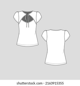 Cut out Knotted T shirt Top puff short sleeve knot tie fashion t shirt top blouse clothing flat sketch technical drawing template design vector