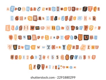 Ausschneiden von Buchstaben und Zahlen. Multicfarbene lateinische Alphabet-Sammlung Schneiden aus Zeitung, Magazin Blackmail, anonyme, ransom Note Schriftart. Vektorsymbole, Symbol für Collage-Nachrichten.