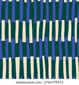 Cut Out Lines Abstract Geometric Pattern in white and black on a blue background. Hand Drawn Irregular Stripes Seamless Repeat. Modern Minimalist Surface Pattern Design. Mid Century Retro Textile and Wallpaper Print.