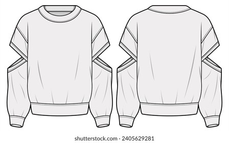 Cut Out Long Sleeve Round Neck Sweater T-Shirt Front and Back View. Fashion Illustration, Vector, CAD, Technical Drawing, Flat Drawing, Template