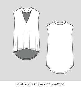 Cut Out neck high low hem top sleeveless t shirt blouse vest dip hem fashion blouse drawing design template flat sketch