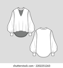 Cut Out neck Lantern Sleeve top high low hem balloon sleeve t shirt blouse dip hem fashion blouse drawing design template flat sketch