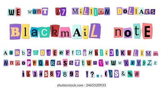 Cut out newspaper letters for criminal anonymous message. Collection of ransom note or blackmail note scrap letters and numbers.