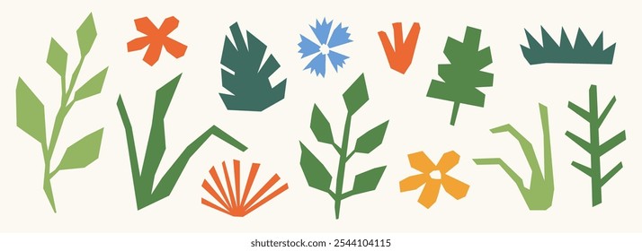 Recorte a coleção de elementos de papel orgânico. Conjunto de formas de colagem floral abstrata colorida. Plantas de viveiro, flores, feixes de folhas para decoração, cartaz, banner, impressão. Pacote de ilustração para crianças. Vetor