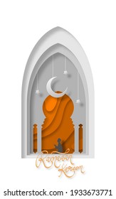 Cut out paper 3d image styled vector illustration with ramadan kareem theme. Perfect for greeting card, poster, banner, flyer, social media post, feed, story, fleet.