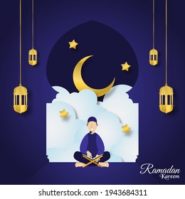Cut out paper 3d image styled vector illustration muslim man reading al quran with ramadan kareem theme. Perfect for greeting card, poster, banner, flyer, social media post, feed, story, fleet.