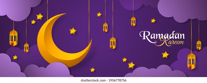 Cut out paper 3d image styled vector illustration mosque, moon, star, and cloud with ramadan kareem theme. Perfect for greeting card, poster, banner, flyer, social media post, feed, story, fleet.
