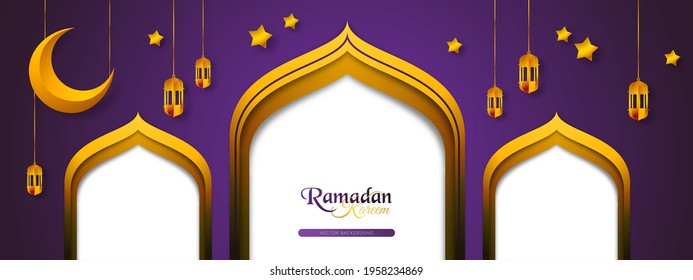 Cut out paper 3d image styled vector illustration moon, star, and arabic lamp with ramadan kareem theme. Perfect for greeting card, poster, banner, flyer, social media post, feed, story, fleet.