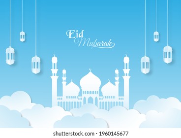 Cut out paper 3d image styled vector illustration mosque, moon, star, and cloud with eid mubarak theme. Perfect for greeting card, poster, banner, flyer, social media post, feed, story, fleet.