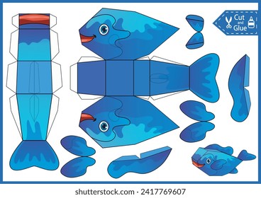 Cut out paper 3d toys of fish. Children easy handmade papercraft. Education activity printable page. DIY craft toys cute sea animals birthday decor. 