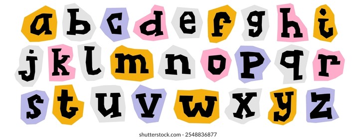 Cut out paper alphabet collection. Colorful serif lower case letter collage set. Craft doodle kid font elements bundle for decoration, poster, banner, print. Ransom style lowercase abc pack. Vector 