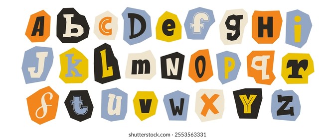 Cut out paper alphabet collection. Colored different letter collage set. Cute craft doodle kid font elements bundle for decoration, poster, banner, print. Ransom blackmail style abc pack. Vector