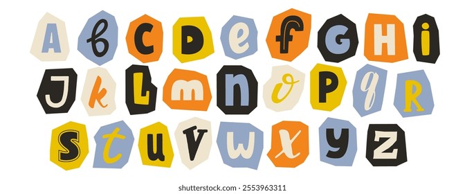 Cut out paper alphabet collection. Colorfull different letter collage set. Cute craft doodle font elements bundle for decoration, poster, banner, print. Ransom blackmail style abc pack. Vector