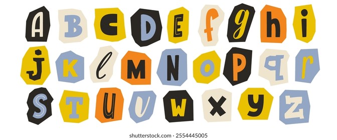 Cut out paper alphabet collection. Colorful different letter collage set. Cute craft doodle font element bundle for decoration, poster, banner, print. Ransom blackmail style abc pack. Vector