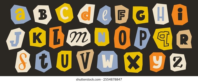 Cut out paper alphabet collection. Colorful different letter collage set. Cute craft doodle font element bundle for decoration, poster, banner, print. Playful ransom blackmail style abc pack. Vector