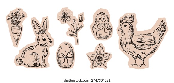 Cut out paper badge set with Easter bunny, egg and chick