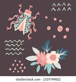 Cut out paper bug, flowers and decor elements. Vector illustration