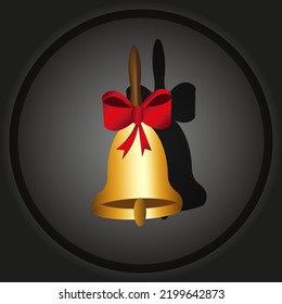 Cut out paper card with christmas golden bell with red ribbon on black background. Vector illustration with golden bell. First call concept. Time to go to school.