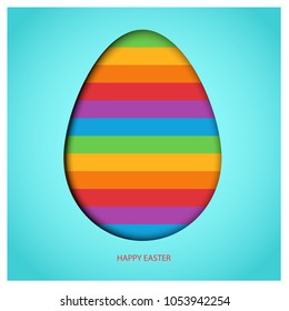 Cut out of paper Easter Egg on sky-blue background with colorful spring rainbow horizontal lines. Red Happy Easter greeting text. Bright vector design in paper-cut style.
