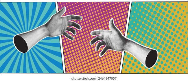 Cut out paper elements. Online search job. Vector retro modern illustration with dots in pop art style.