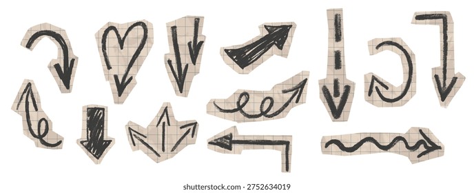 Cut out paper with hand drawn arrows for collage. Scrapbook stickers