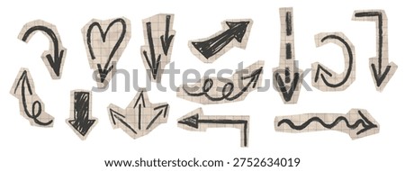 Cut out paper with hand drawn arrows for collage. Scrapbook stickers