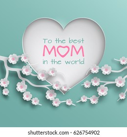 Cut out paper heart decorated branch of cherry flowers on green background for mother's day greeting card, paper cut out style. Vector illustration, layers are isolated