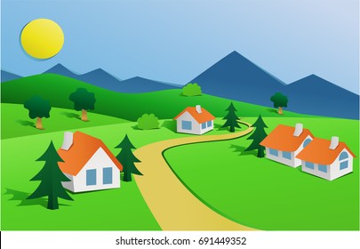Cut out paper landscape with small village