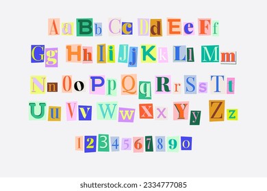 Cut out paper letters, punctuation marks and numbers set. Cut out ransom vector letters alphabet. Editable vector illustration.