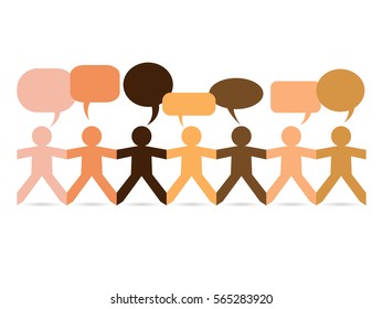 Cut out paper people in different skin colors with speech bubbles

