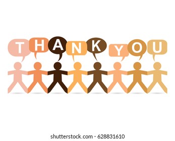 Cut out paper people in different skin tone colors with happy thank you text