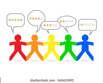 Cut out paper people with gold star ratings in speech bubbles
