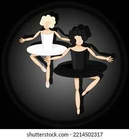 Cut out paper picture with dancers of the Swan Lake ballet. Black and white swan dancers on style background. The concept of the opening of the theatrical ballet season. Banner of the opera house.