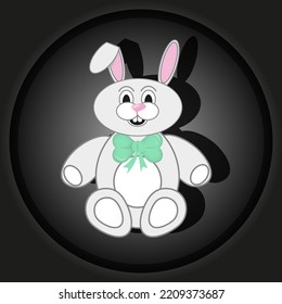 Cut out paper picture with rabbit with beautiful green bow on black background. Bunny toy for children shop. Christmas concept. Symbol of 2023 new year.