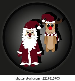 Cut out paper picture with santa claus and reindeer with red nose on black style background. Set of christmas elements. Christmas greeting card.