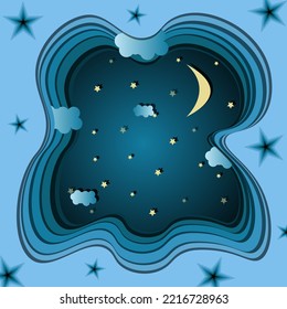 Cut out paper picture with view of the night sky from the cave. Creative 3d vector illustration with stars, moon, clouds and night sky.